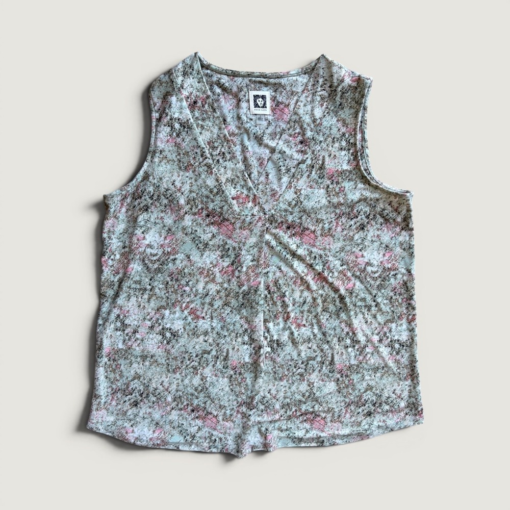 Anne Klein Womens Pink Tan Abstract Floral V-Neck Sleeveless Knit Top Tank Small